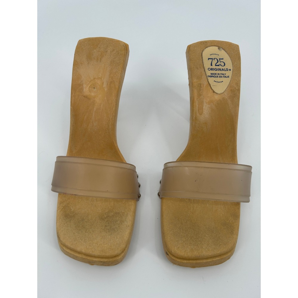 725 Originals Vintage Lucite Heel Wood Slide Sandals Tan Size 8 - Picture 4 of 8